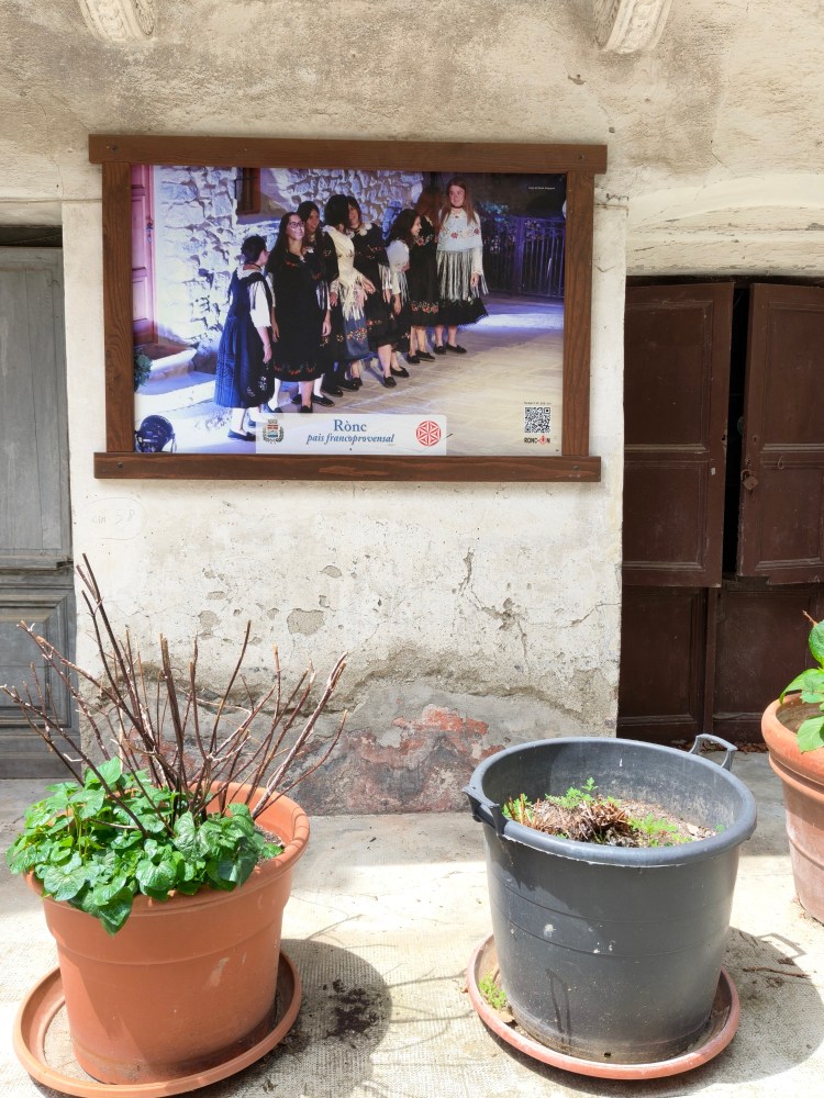 Una foto che mostra un pannello informativo su un gruppo di donne in abiti tradizionali, esibendosi nella località di Rònc, circondato da fiori in vaso.