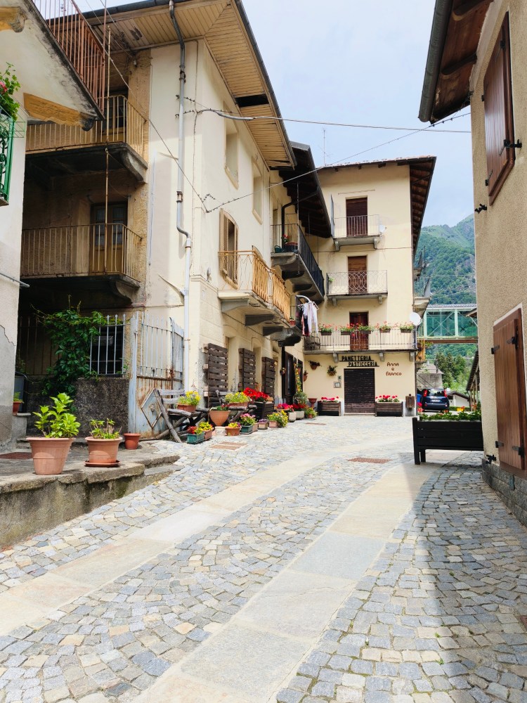 Stradina acciottolata in un pittoresco villaggio con edifici storici e fiori nei vasi.