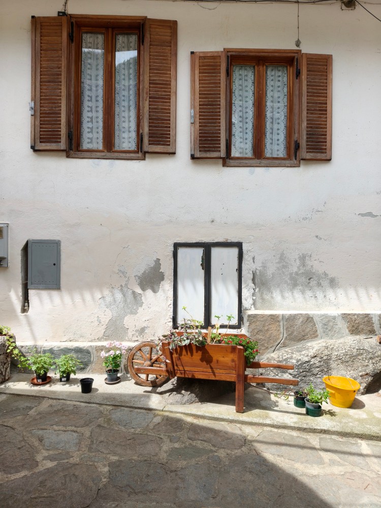 Una facciata con finestre in legno e persiane, decorata con un carrello di legno pieno di piante e fiori, accanto a vasi di terra di diverse dimensioni.