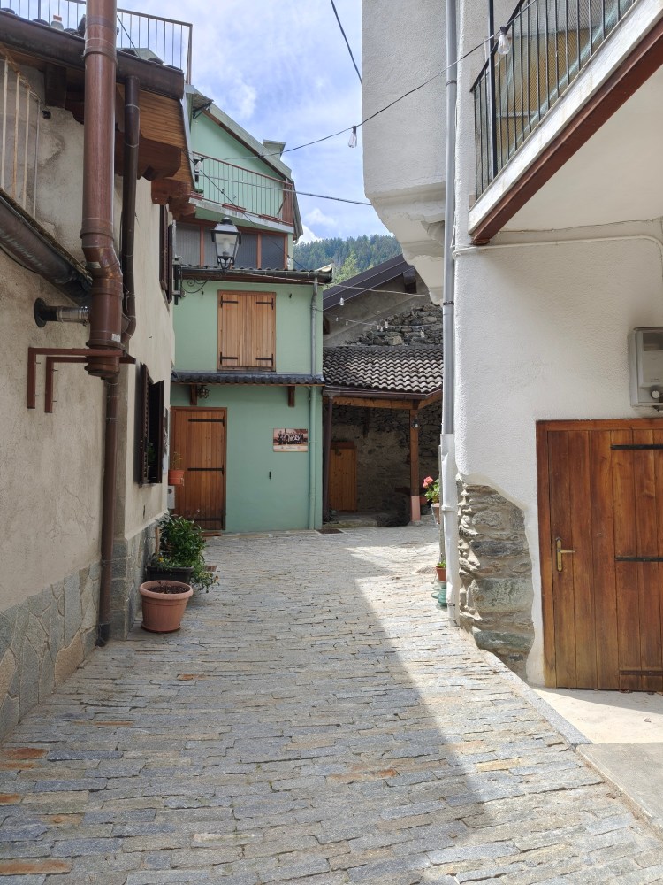 Una stretta via pavimentata con ciottoli tra case in legno e muratura, con porte chiuse e piante in vaso.