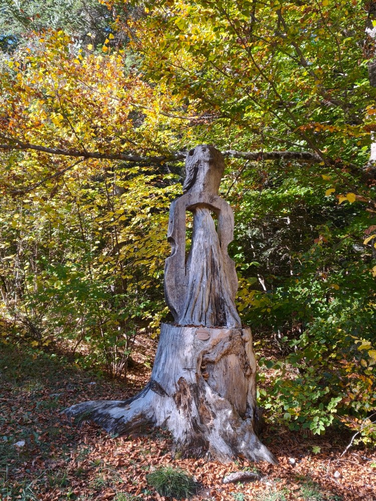 Scultura in legno di un tronco d'albero, circondata da alberi e foglie autunnali colorate.
