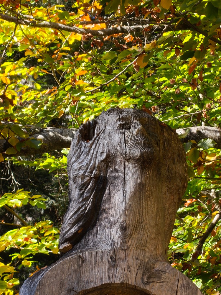 Scultura di legno alta con dettagli del volto, circondata da alberi e foglie colorate.