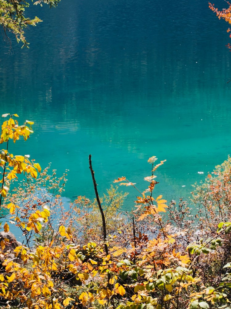 Un lago dalle acque turchesi circondato da foglie autunnali gialle e arancioni.