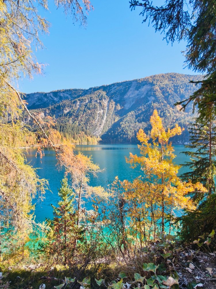 Vista panoramica di un lago circondato da montagne e alberi con foglie autunnali gialle e arancioni.