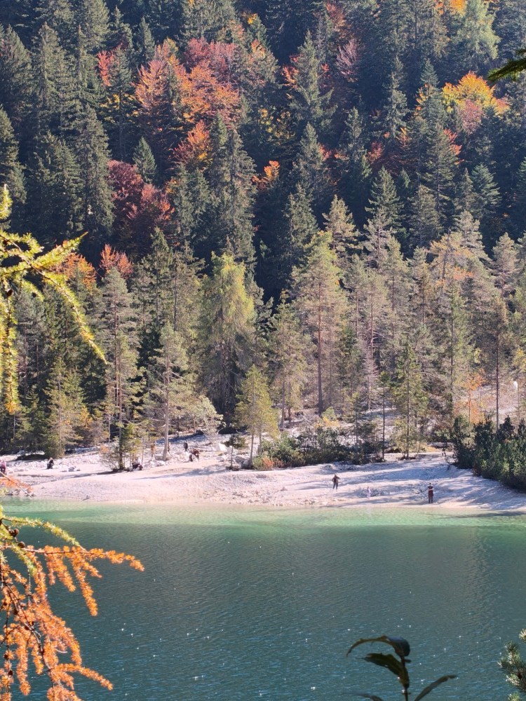 Vista panoramica di un lago circondato da foreste autunnali con colori vivaci e persone sulla spiaggia.