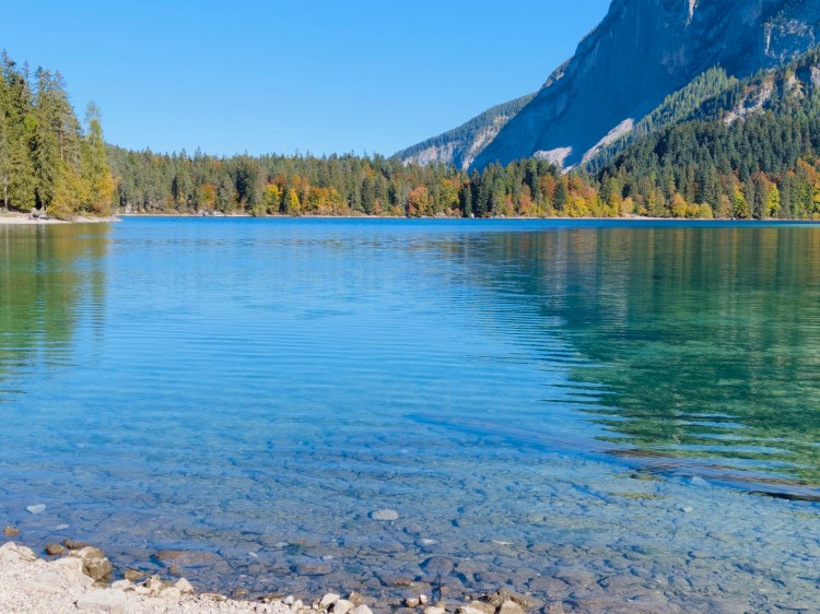 Vista serena di un lago cristallino circondato da alberi e montagne, sotto un cielo azzurro.