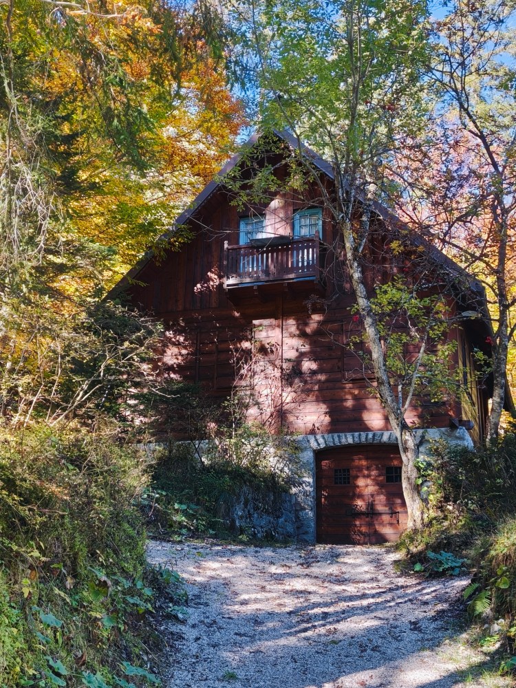 Una casa di legno immersa nella vegetazione autunnale con foglie colorate e un vialetto di ghiaia.