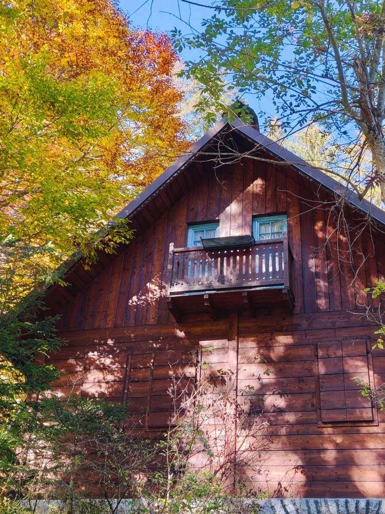 Casa di legno con balcone, circondata da alberi autunnali.