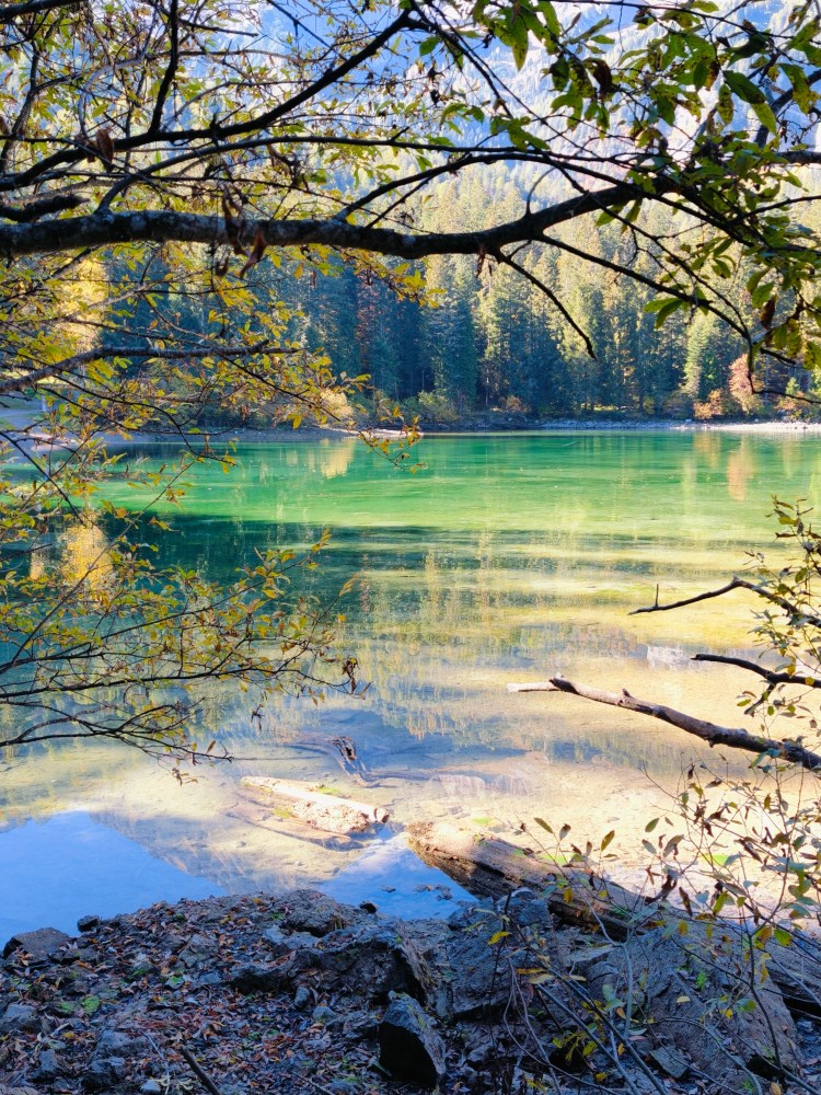 Vista di un lago sereno circondato da alberi e montagne, con acqua di colore verde trasparente e riflessi della natura circostante.