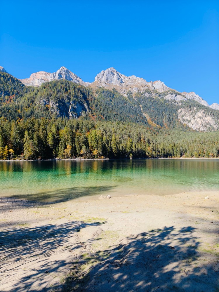 Vista di un lago tranquillo circondato da montagne e foresta, con cielo azzurro e spiaggia sabbiosa in primo piano.