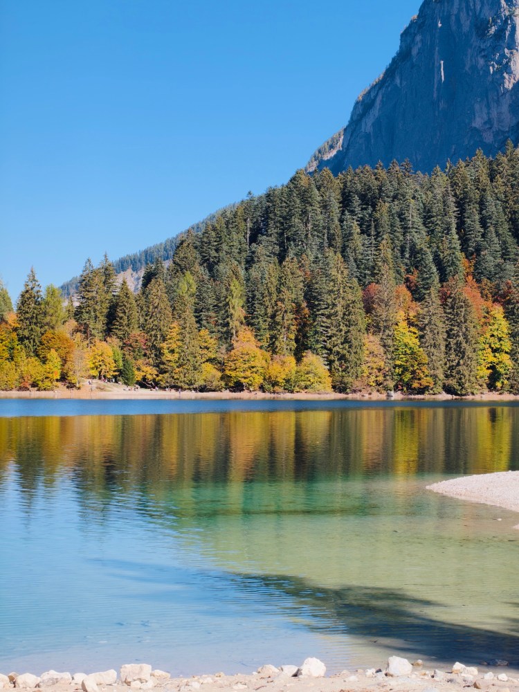 Vista di un lago circondato da alberi colorati in autunno, con montagne sullo sfondo e cielo sereno.