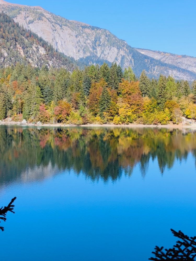 Veduta panoramica di un lago circondato da alberi colorati in autunno, con riflessi nell'acqua e montagne sullo sfondo.