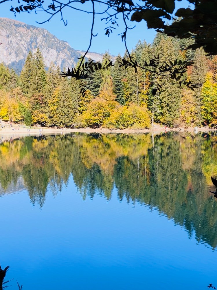 Un lago tranquillo circondato da alberi colorati in autunno, con riflessi sull'acqua e montagne sullo sfondo.