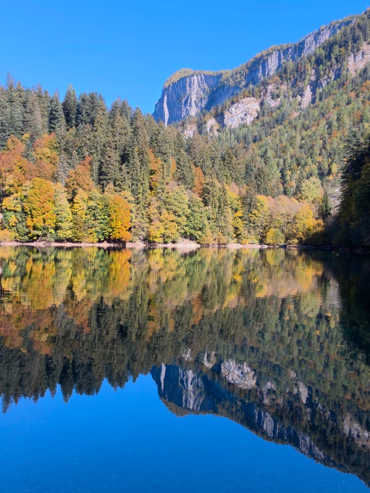 Lago sereno circondato da alberi autunnali colorati e montagne sullo sfondo.