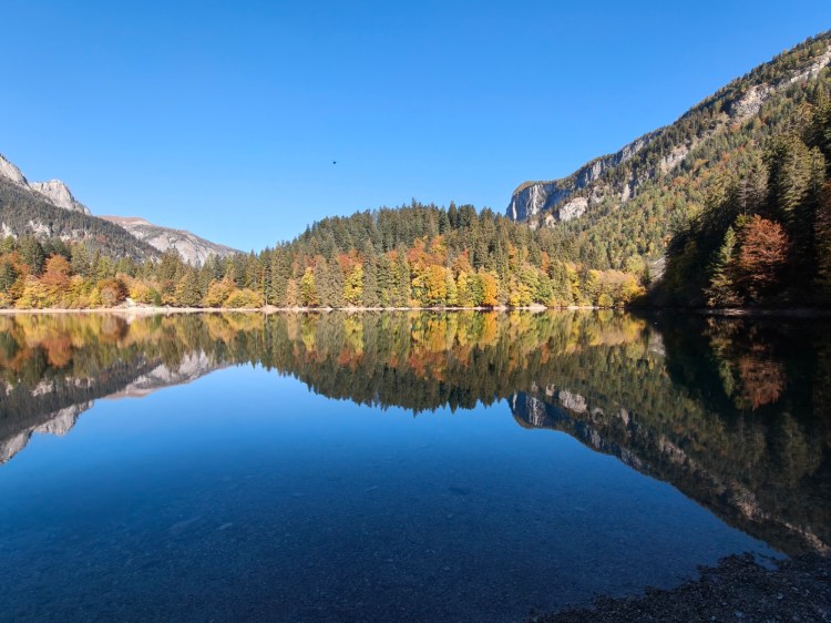 Panorama di un lago circondato da alberi autunnali e montagne, con un cielo sereno e riflessi nell'acqua.