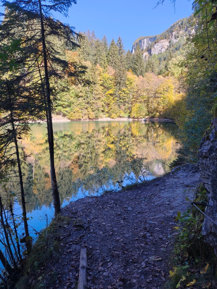 Una vista serena di un lago circondato da alberi autunnali colorati e montagne, con riflessi sull'acqua limpida.